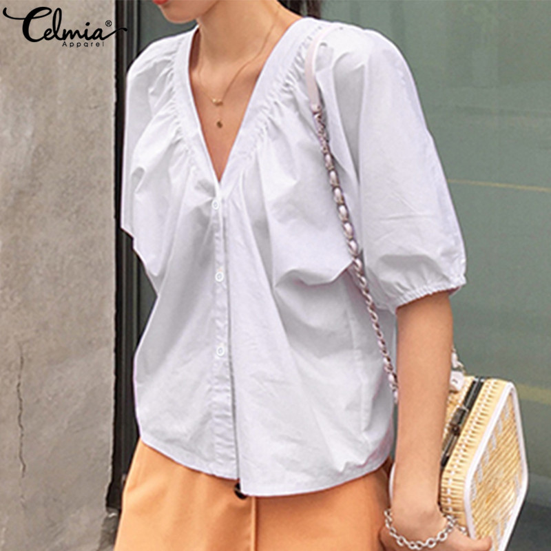 

2020 Summer 5XL White Shirts Celmia Women Fashion Puff Sleeve Blouses Sexy V neck Casual Office Tunic Tops Loose Party Blusas 7
