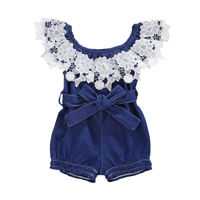 

0-24M Summer Pretty Infant Kids Baby Girls Rompers Off-shoulder Lace Flower Splice Ruffles Blue Denim Jumpsuits Belt Overalls, As pic