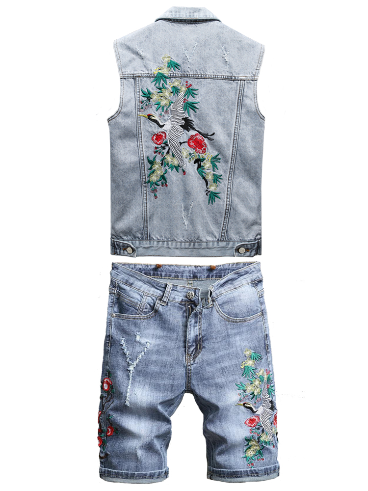 

2020 New Summer Men's Two Pieces Jeans Sets Embroidery Plum Blossom Red-crowned Crane Vest+ Shorts Fashion Men Casual Denim Sets, Gray