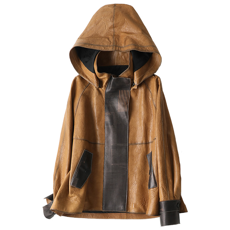 

Genuine Sheepskin Leather Suede Coat with Hoody Autumn Women Outerwear Jacket Garment LF2110, Khaki