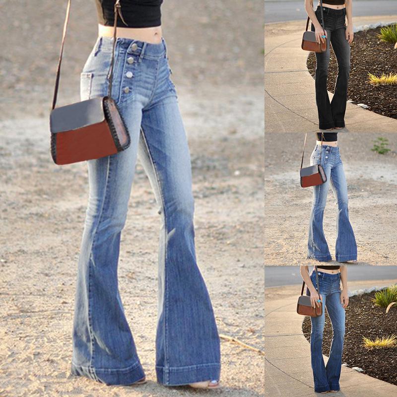 

Dihope Fall 2020 Women' Fashion Jeans Casual Buttons Middle Waist Denim Pants Femme Slim Show Thin Jeans Flared Trousers, Light blue