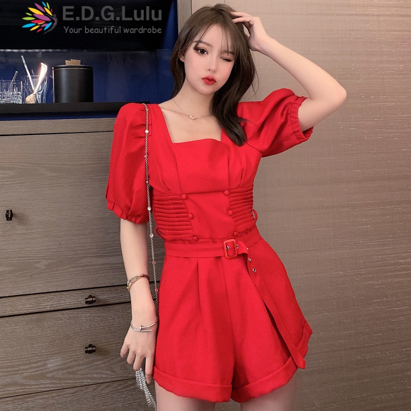 

EDGLuLu High Quality Square Neck Red Short Jumpsuit Women Summer 2020 Elegant Party Casual+sashes Short Playsuit 0418, Black