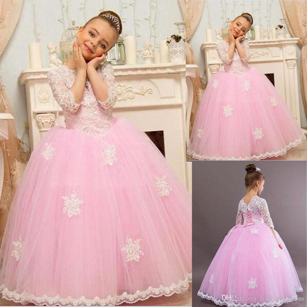

Light Pink Flower Girl Dresses Jewel Neck Lace Appliqued Ball Gown 3/4 Long Sleeve Gilrs Pageant Dress Custom Made Kids Formal Wear, Royal blue