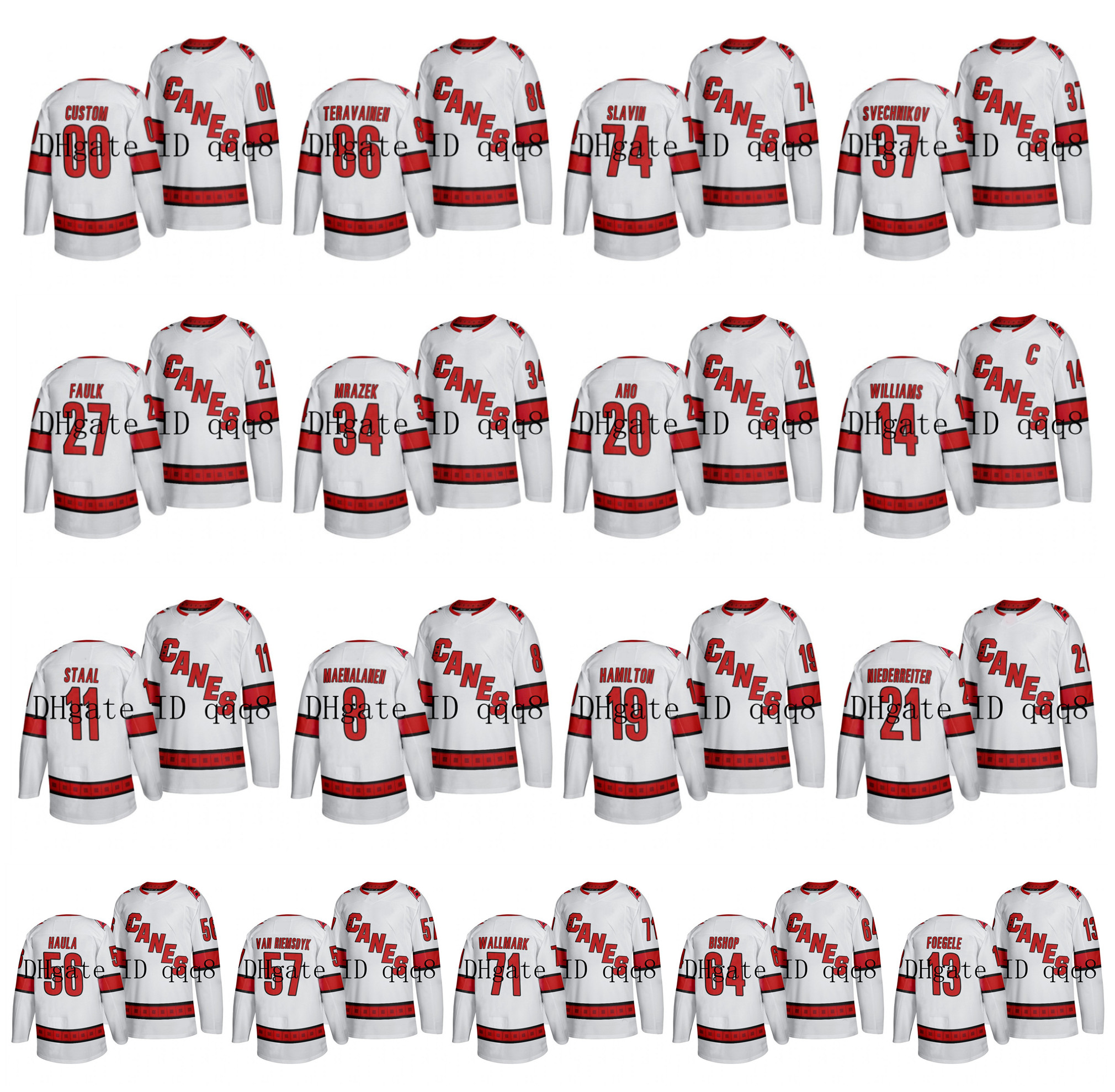 

White Carolina Hurricanes Jersey 20 Sebastian Aho 11 Staal 14 Justin Williams 19 Dougie Hamilton 27 Justin Faulk 86 Teuvo Teravainen Hockey, As pic