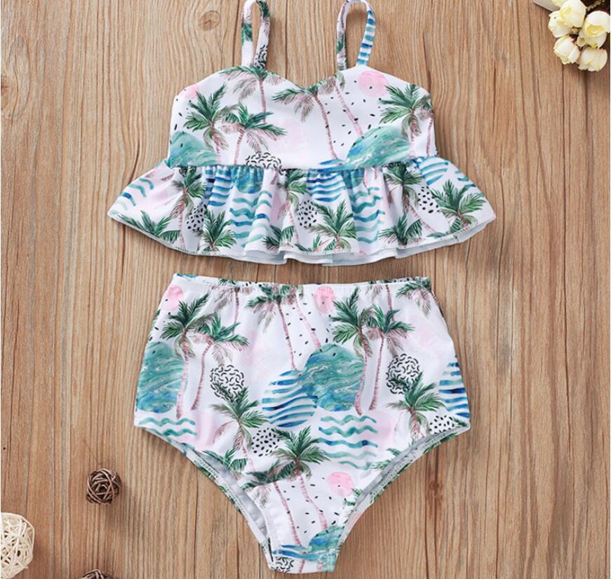 

Girl Beach Suspender Belt Sleeveless Coconut Palm Print Swim Suit Set Baby V-Neck Floral Print Swimwear Suit Two Pieces Kids Summer Swimming, As picture
