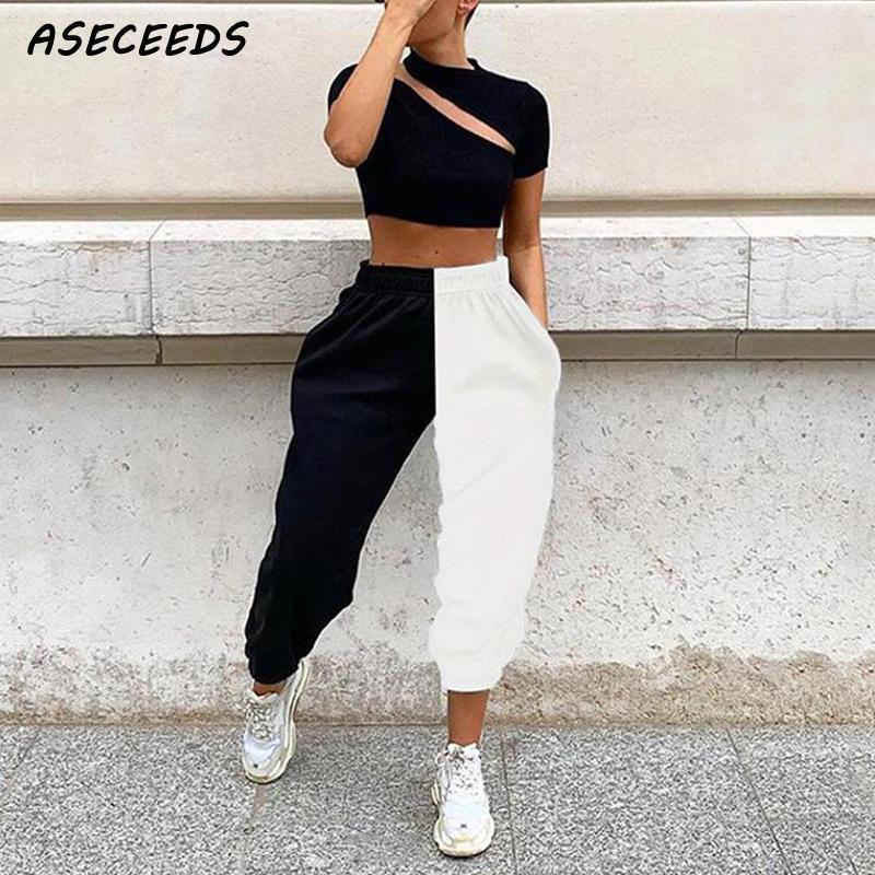 2020 Fashion patchwork joggers women sweatpants streetwear cotton high waist pants korean trousers womens hip hop sweat pants V200331