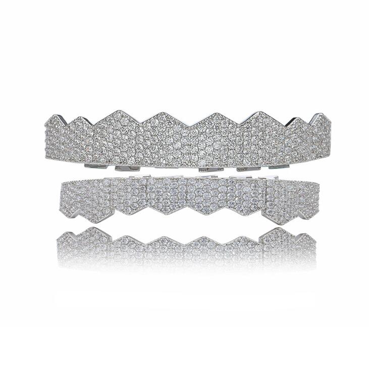 

New Full zircon Teeth Grillz Top & Bottom 18K gold silvery Color Grills Dental Mouth Hip Hop Fashion Jewelry Rapper Jewelry