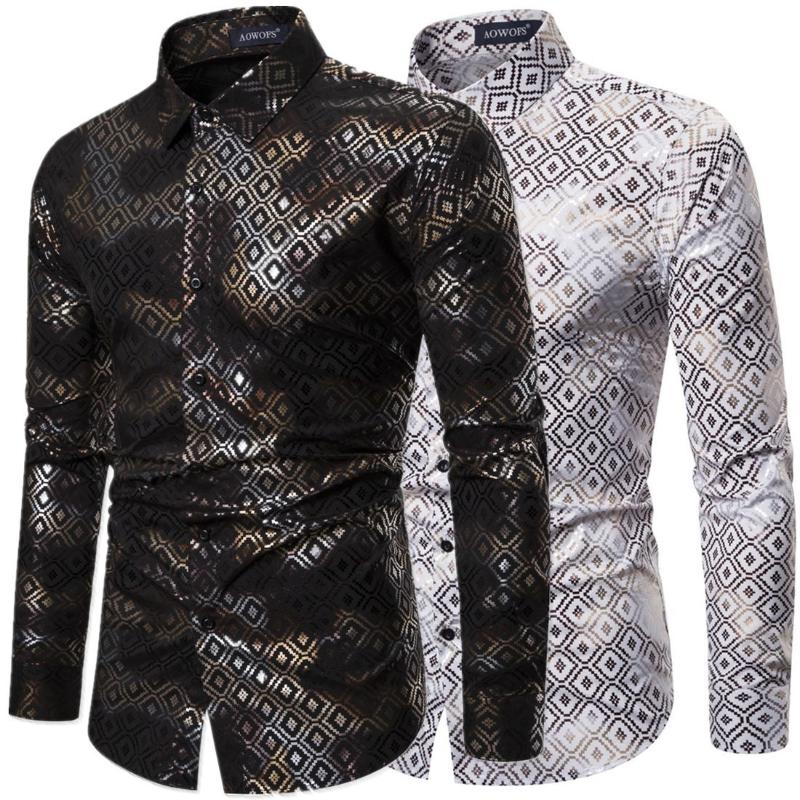 

Spring 2020 Small Check Design Gold Stamping Printed Stretch Men' Long Sleeve Shirt, Black