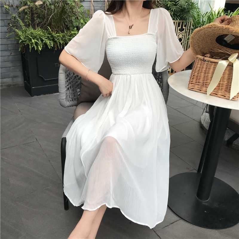 

RUGOD 2020 New Summer Chiffon Dress Women Casual Square Collar Butterfly sleeve Pleated dress A-line Fairy Temperament, Black