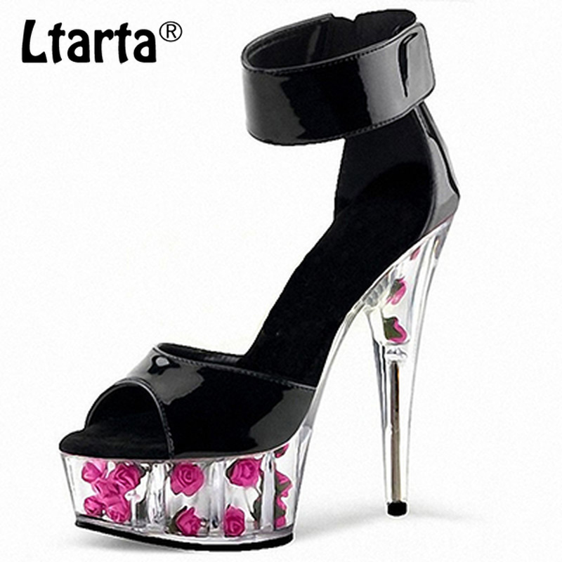 

LTARTA 15cm Heels Patent Leather Classic Buckle Fish Mouth Rose Bag With Crystal Sandals Bag With Super High Heels LYP, White