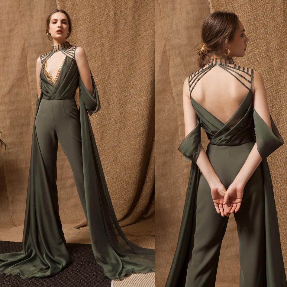 

2019 Sexy Prom Jumpsuits High Neck Lace Appliqued Unique Designer Backless Evening Gowns Formal Party Dress Wear, Dark red