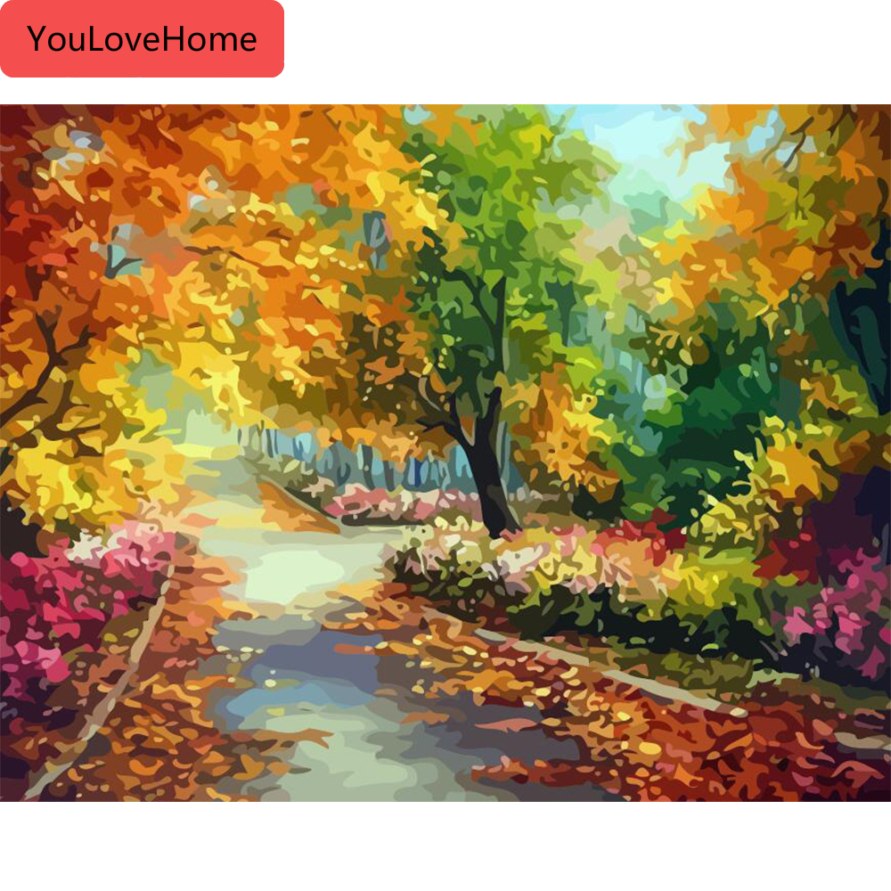 16x20/" Paint By Number kit DIY Acrylic Painting Canvas Autumn Train Road Scenery