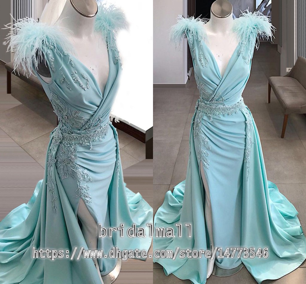 

2020 Side Split Ice Blue Satin Mermaid Arabic Evening Dresses With Feather Lace Appliqued V Neck Prom Dress robes de soirée Formal Gowns, Pink