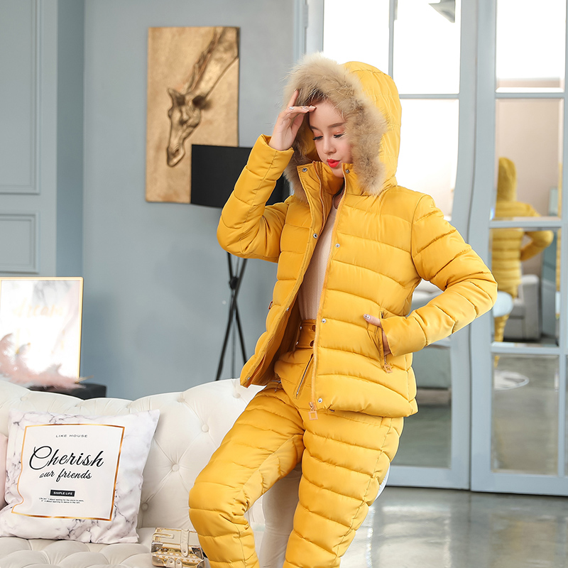 

2020 New Fashion Autumn Winter Women Warm Set Hooded Coat+Pant Tracksuit Two Piece Set Female Down Cotton Jacket Suit For Women, Black