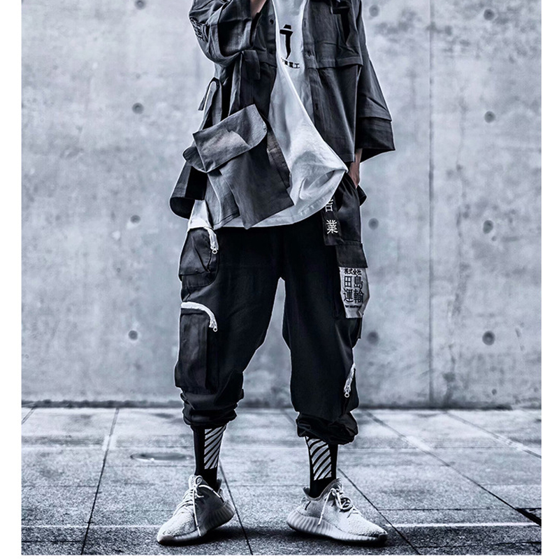 

Men High Street Harem Pants Multi Pockets Harajuku Streetwear Hip Hop Dark Style Trousers Elastic Waist Sweatpants High Quality, P05-black