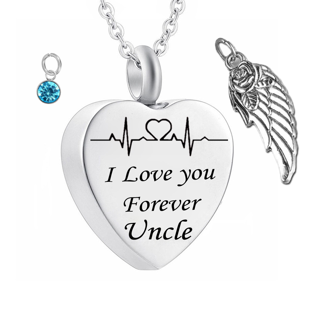 

I love you forever uncle Birthstone Ashes heart Pendant Memorial Urn Necklace Angel Wing Stainless Steel Waterproof Cremation Jewelry