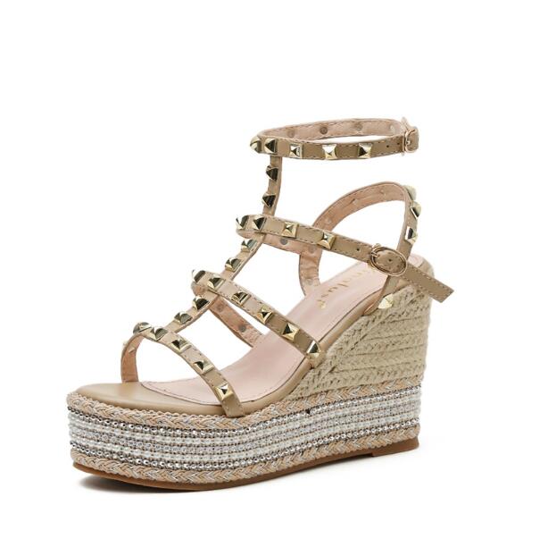 

luxury Sexy Women wedge high heels Sandals platform Rivets open toes party wedding dress shoes designer fashion Beading Gladiator Sandal, Option picture color