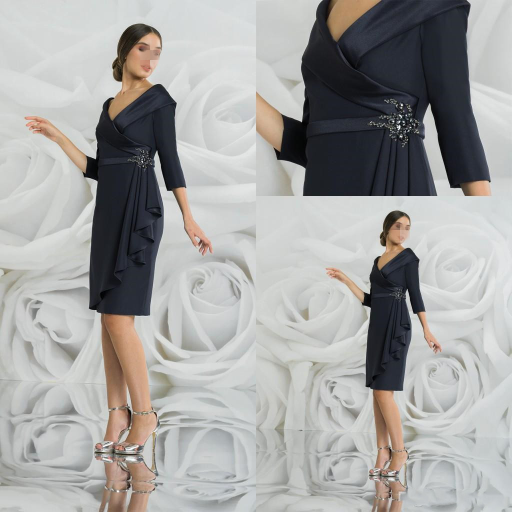 2020 D'Été A-Ligne Mère De La Mariée Robes V Cou 3/4 Manches Longues Genou Longueur Robes De Soirée Formelle Invité De Mariage Robe