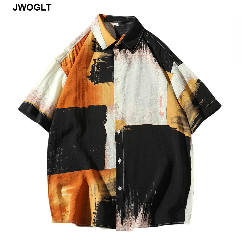 

2020 Summer New Color Block Shirt Casual Shirt Male Short-Sleeved Korean Trend Cool Button Down Streetwear Social Blouse, Yellow