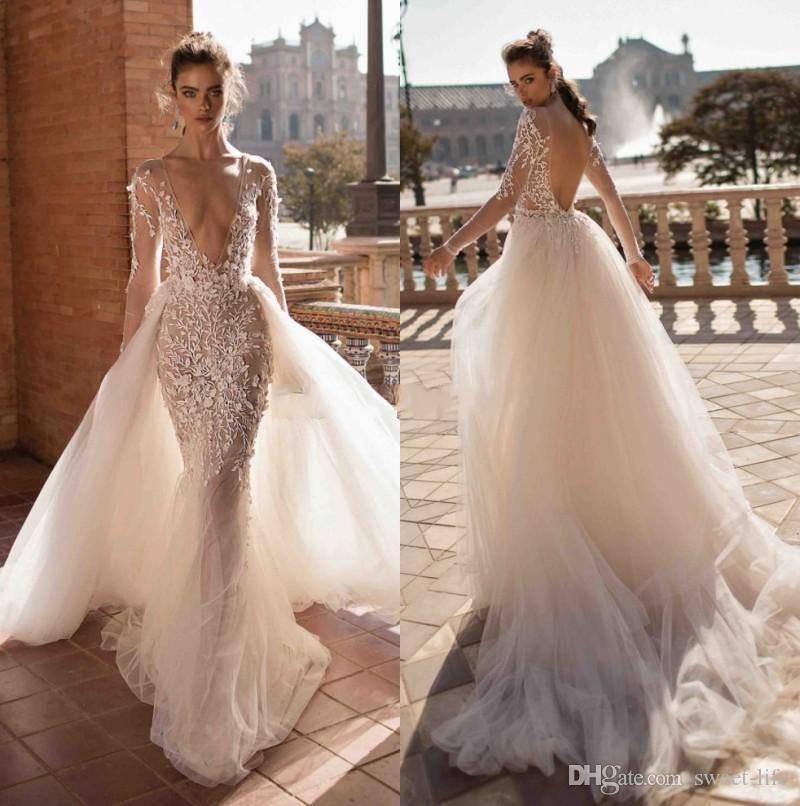 2020 Berta A Line Bride Backless Beach Bridal Dress Deep V Neck with Overskirt Long Sleeves Appliques vestidos de noiva Sexy Wedding Dresses
