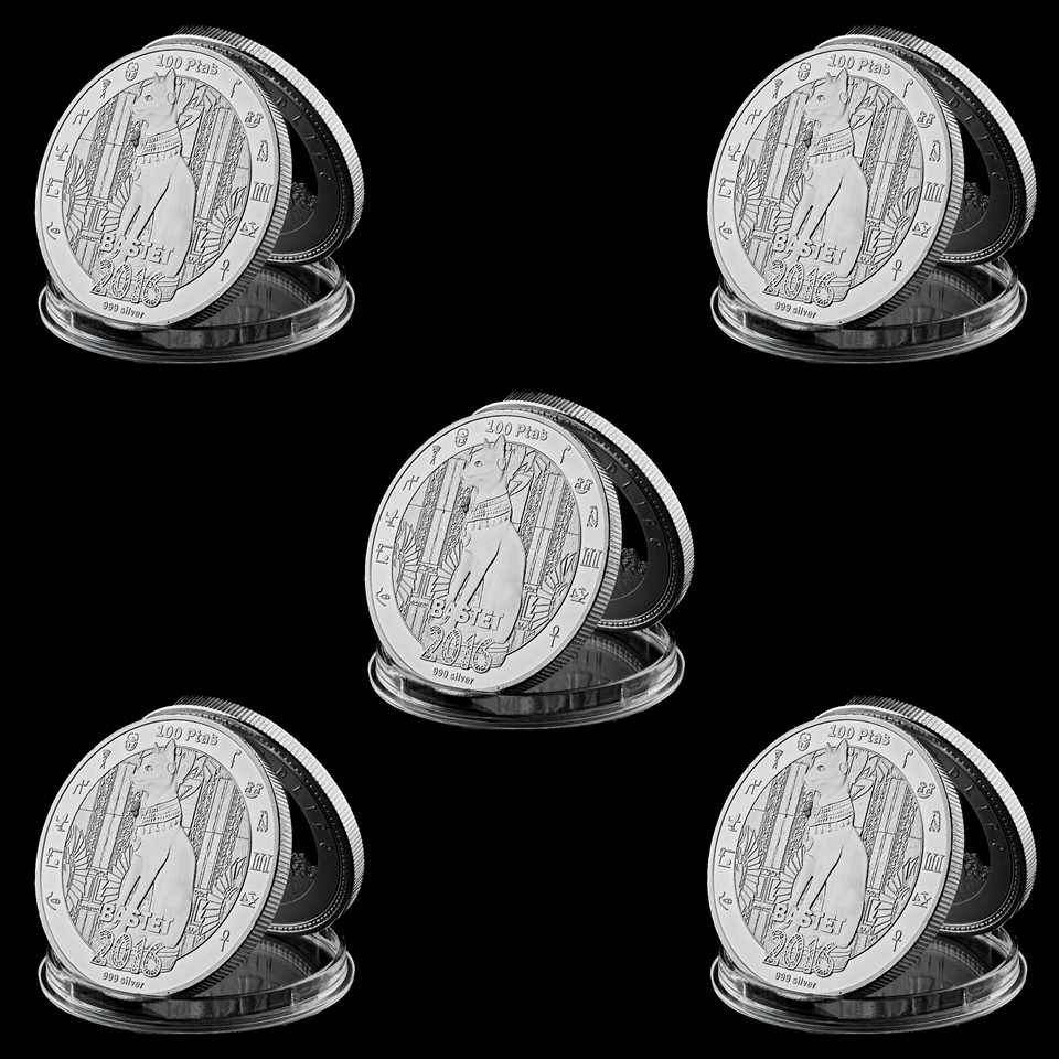 5pcs Metal Craft Egyptian Mythology Cat God Bastet Badge With Silver Plated 1oz Commemorative Coin Home Decor-image-522335691