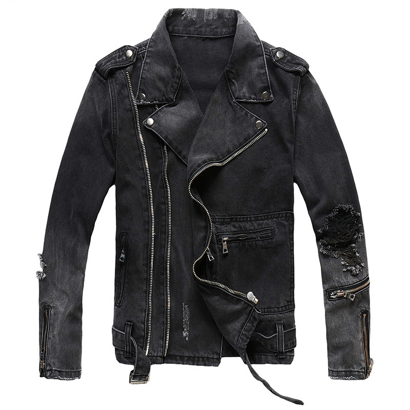 

Jeans Jacket Men Men's Zippers Black Denim Jean Biker Jacket for Motorcycle Vintage Epaulet Holes Ripped Distressed Coat