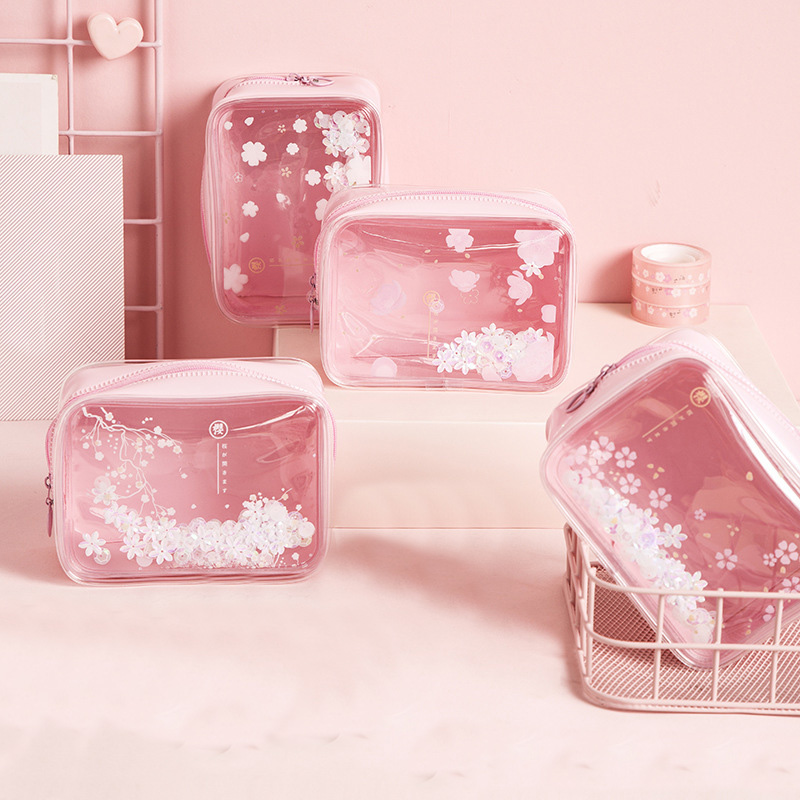

Sequins pink make up bag cute Cherry Blossoms print Storage bags fashion sweet Waterproof wash bag Transparent makeup organizer