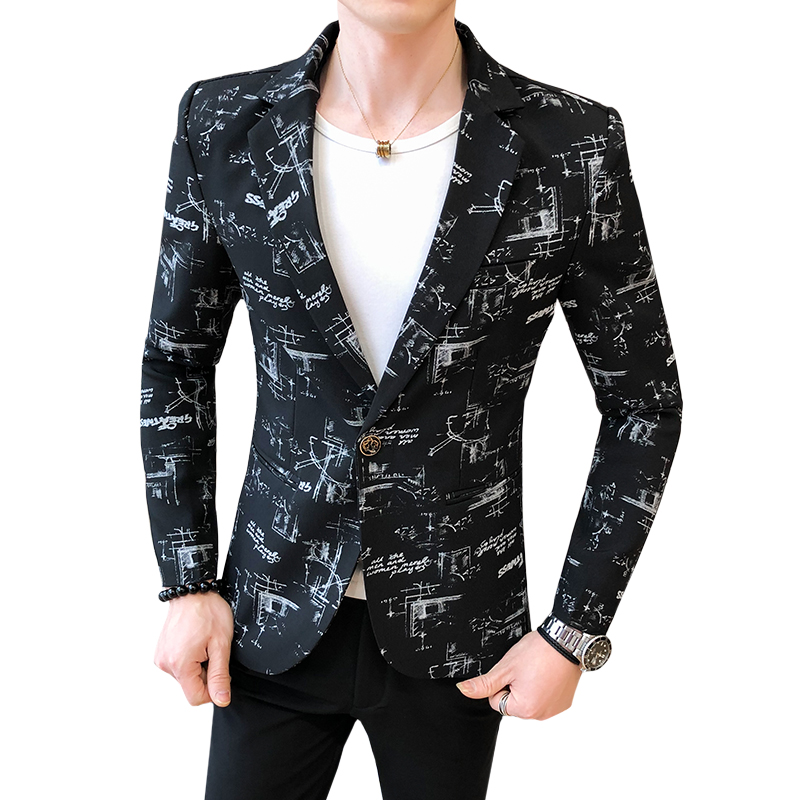 

2020 Hot sale Mens Korean version slim fit Wedding Texudos Single Button Print blazer Suit Jacket plus size -4XL Mens coat, Black