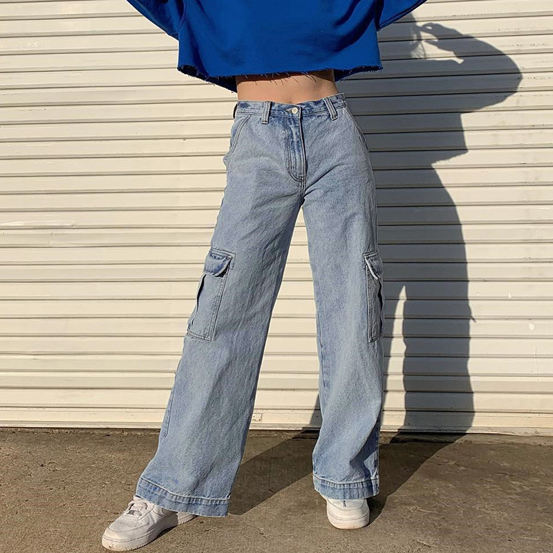 

Loose Straight Jeans Women Casual Runway Cargo Pants Wide Leg Vintage Trendy Denim Trousers Leisure Palazzo Harajuku Boyfriend, Blue