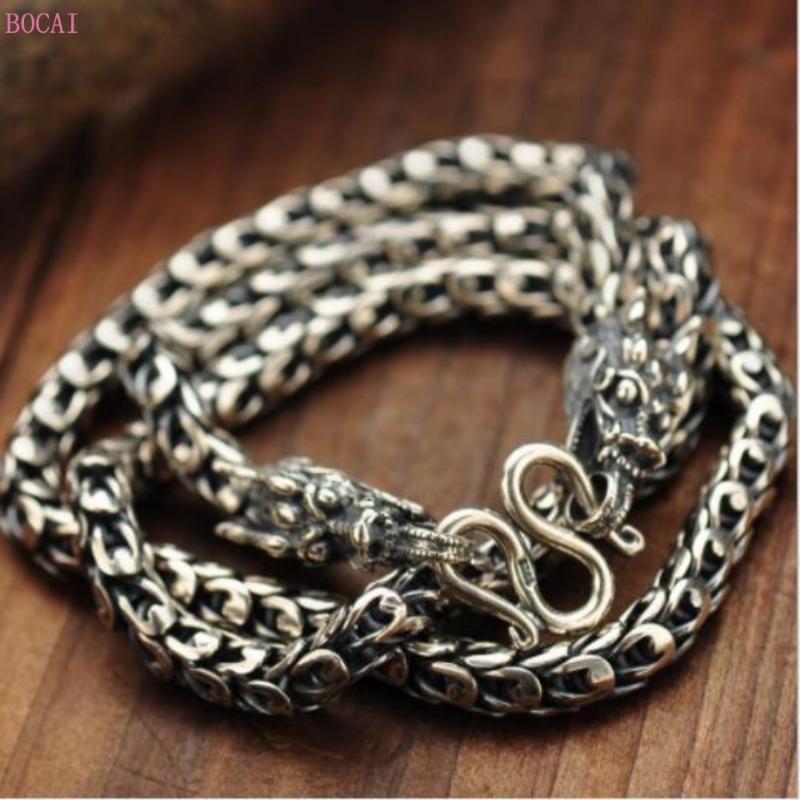 

925 pure silver necklace double dragon heads Thai silver Vintage rough dragon scale chain men's Necklace for men and women