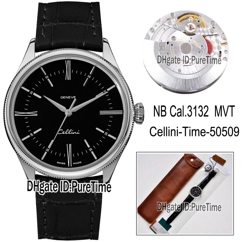 

Best Edition NB 39mm Cellini Time 50505 50509 Steel Case Black Dial Roma Cal.3132 ETA 3132 Automatic Mens Watch Black Leather A3132 Puretime, Tag accessories