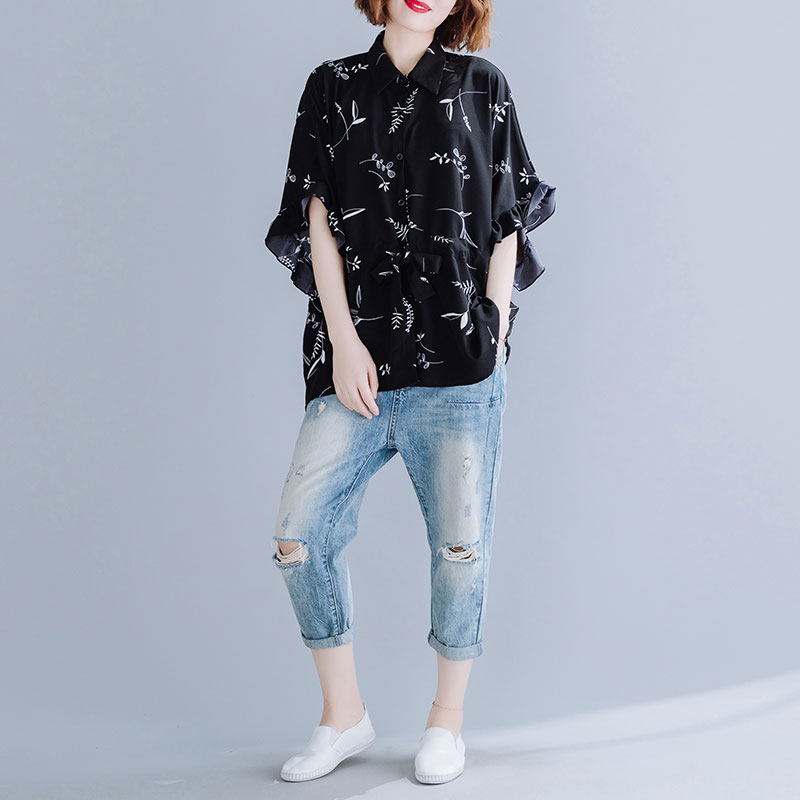 

New Plus Size Women Chiffon Blouse Shirt Female Lady Top Tunic Ruffles Loose Big Size Floral Print Summer Casual Top 5XL LP491, Black