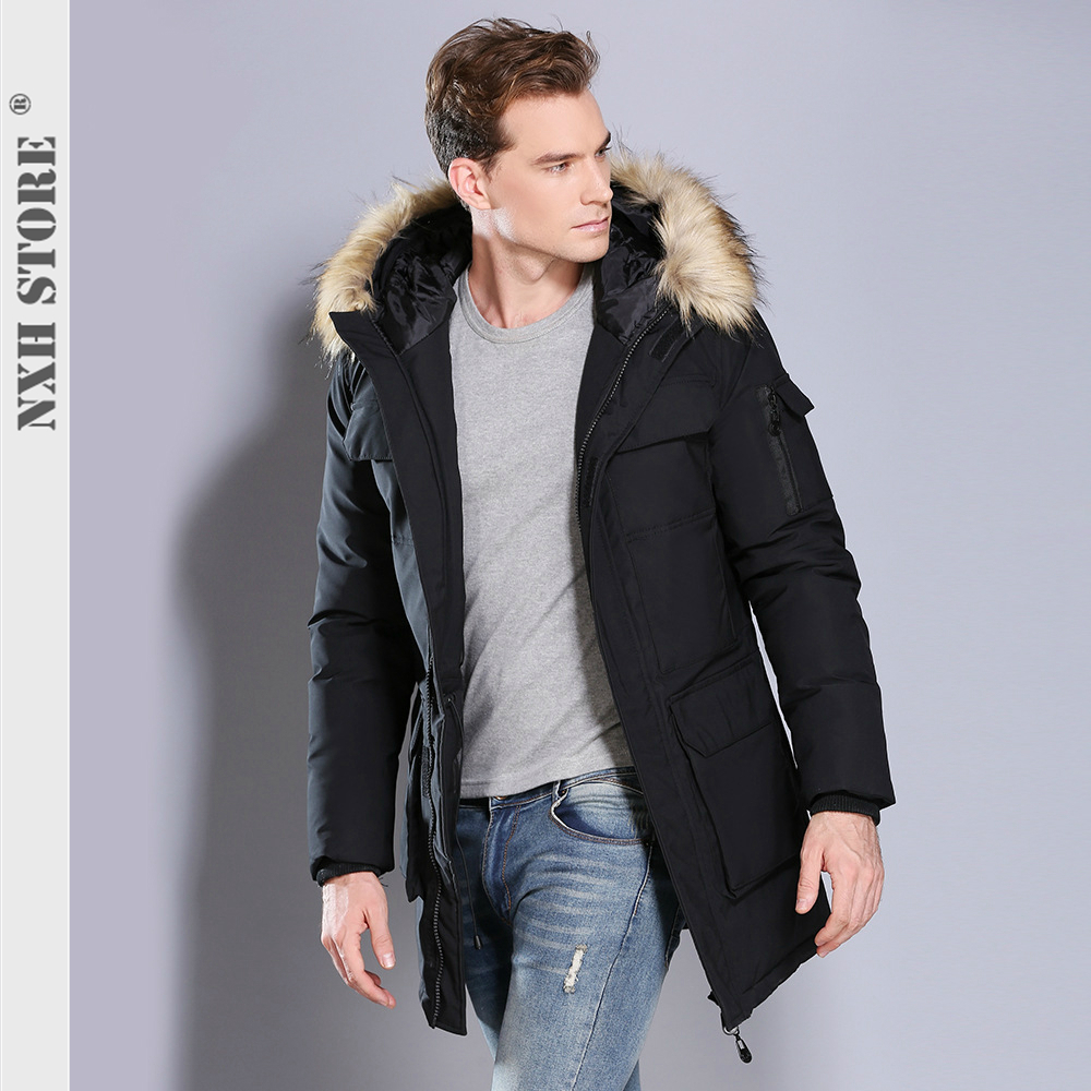 

NXH 2019 mens winter jackets and coats Hooded long coat Thick men parka Fur hood winter coat men camouflage overcoat, Black