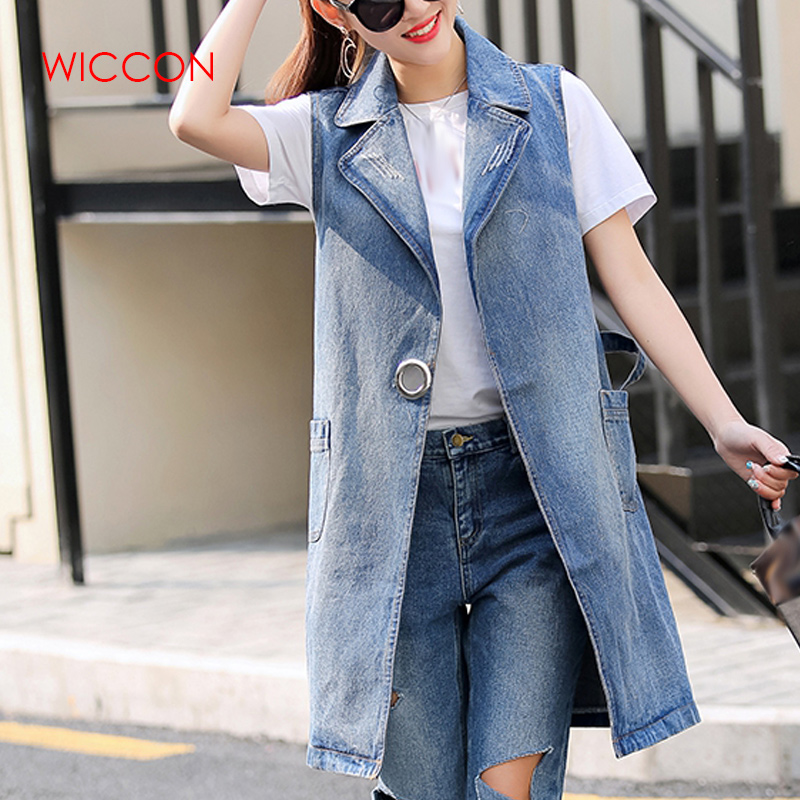 

2019 Summer New Cowboy Vest Jacket Female Spring & Autumn Suit Collar Long Self-cultivation Women Denim Jacket, As pic show