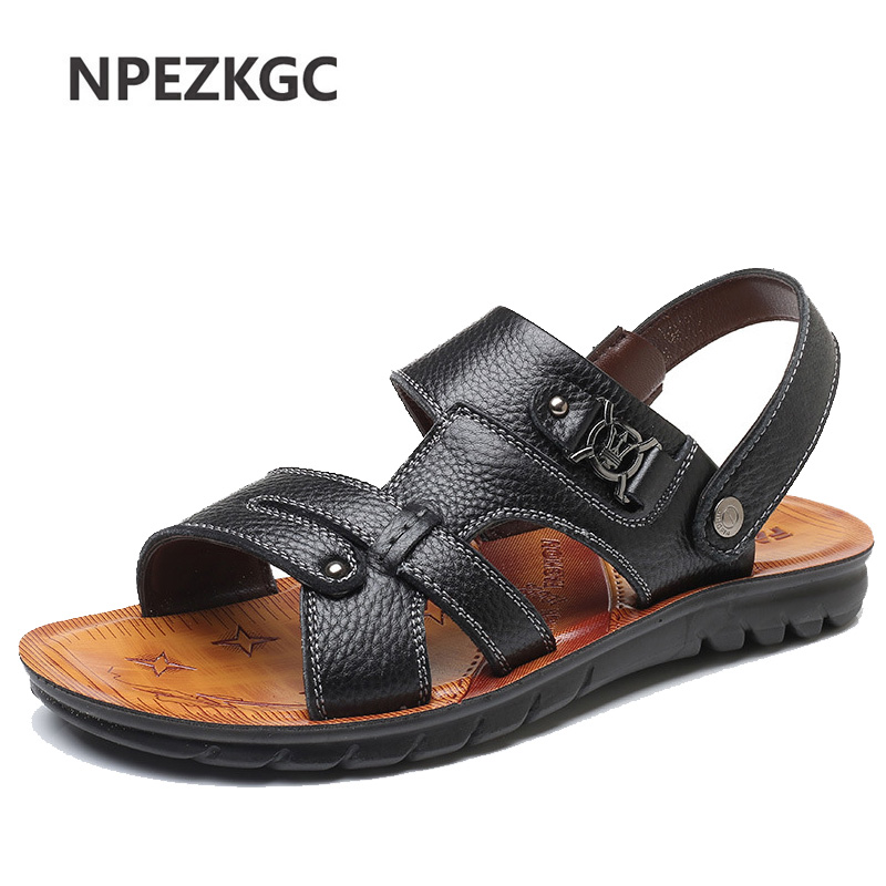 

2020 Men's Super Light Men Summer Breathable Leather Sandals Beach Slide Sandals Leather Shoes Fashion Breathable Male Footwear, Black