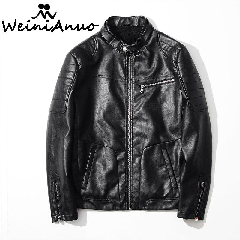 

WEINIANUO 2017 Autumn Winter Leather Collar Button Design Jackets Men Motorcycles Jacket Windproof Male Coats Top Quality 184, Black