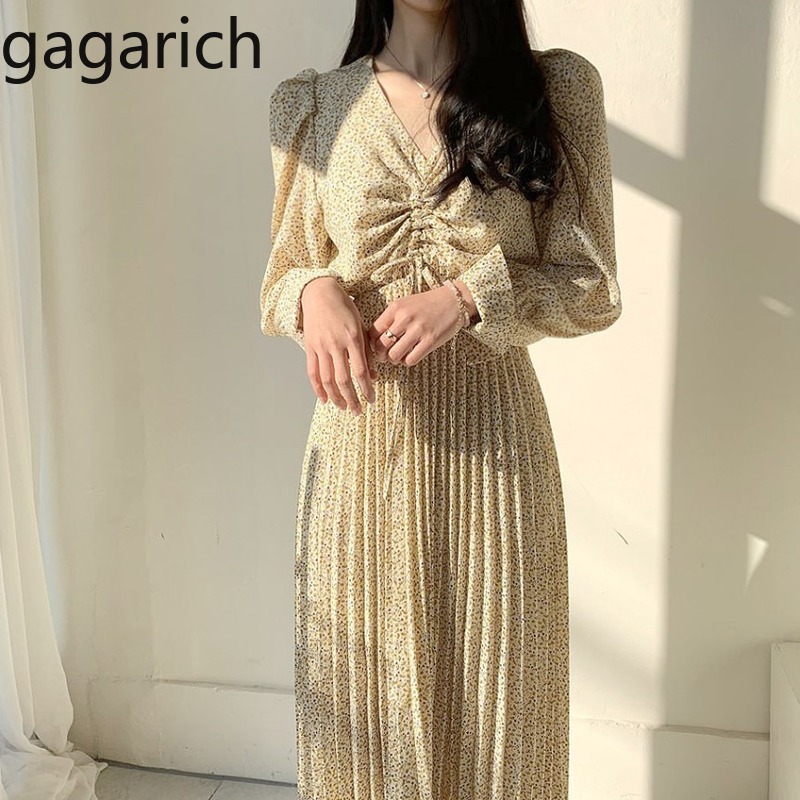 

Gagarich Elegant Women Dress Korean Chic Floral Print V-neck Long Lantern Sleeve Dresses Office Lady Fashion Vestidos, Black