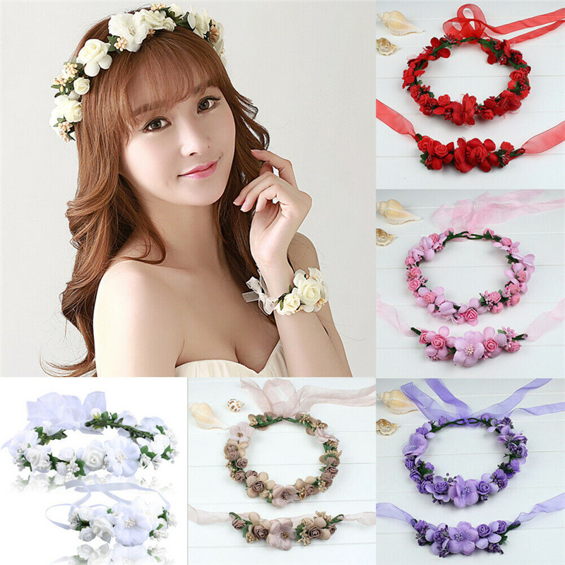 New Women Baby Girl Boho Flower Floral Hairband Headband Crown Party Bride Wedding Beach Headwear Accessories 2Pcs-image-520464863