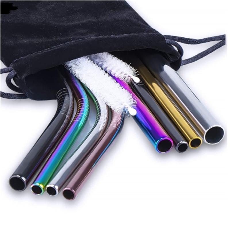 

10pcs Straws Reusable Stainless Steel Metal Straws Beer Tubules Bubble Straight Bent Straw with Case Cleaning Brush Bag Set