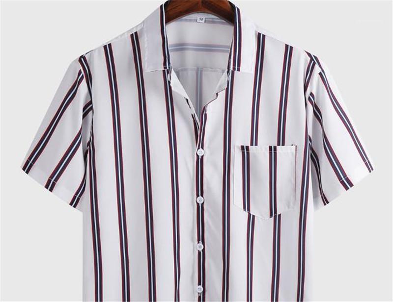 

Collar Pocket Single Breasted Mens Shirts Business Style Mens Clothing Summer Mens Striped Printed Casual Shirts Turndown, White