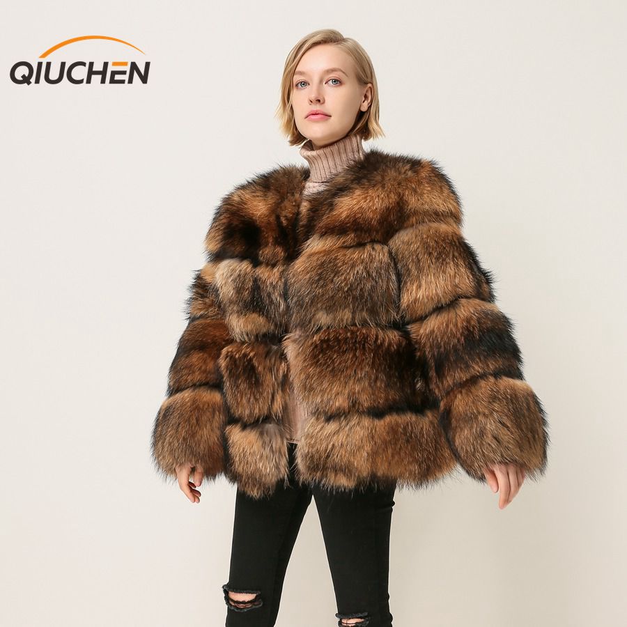 

QIUCHEN PJ1874 New arrival free shipping high quality real raccoon fur jacket fashion women winter outwear jakcet, Wine red