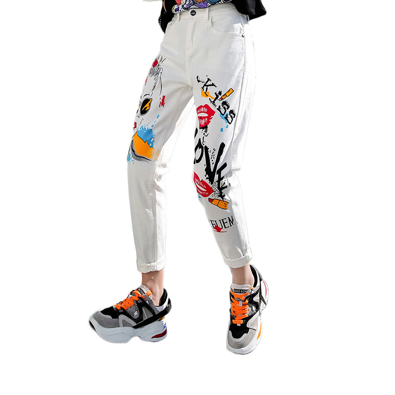 

Ankle-Length Stretch Printing Jeans Women Spring 2019 Pants Plus Size 32 Summer Washed Denim Women Jeans High Waist Trousers, White