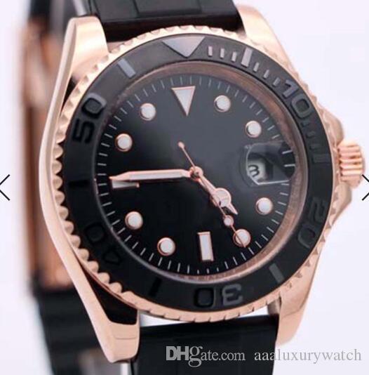 

40MM Black Dial Date Mens Watch Watches Automatic Movement Rose Gold Case and Hands With Black Rubber Band Rotating Bezel Dot Hour Markers