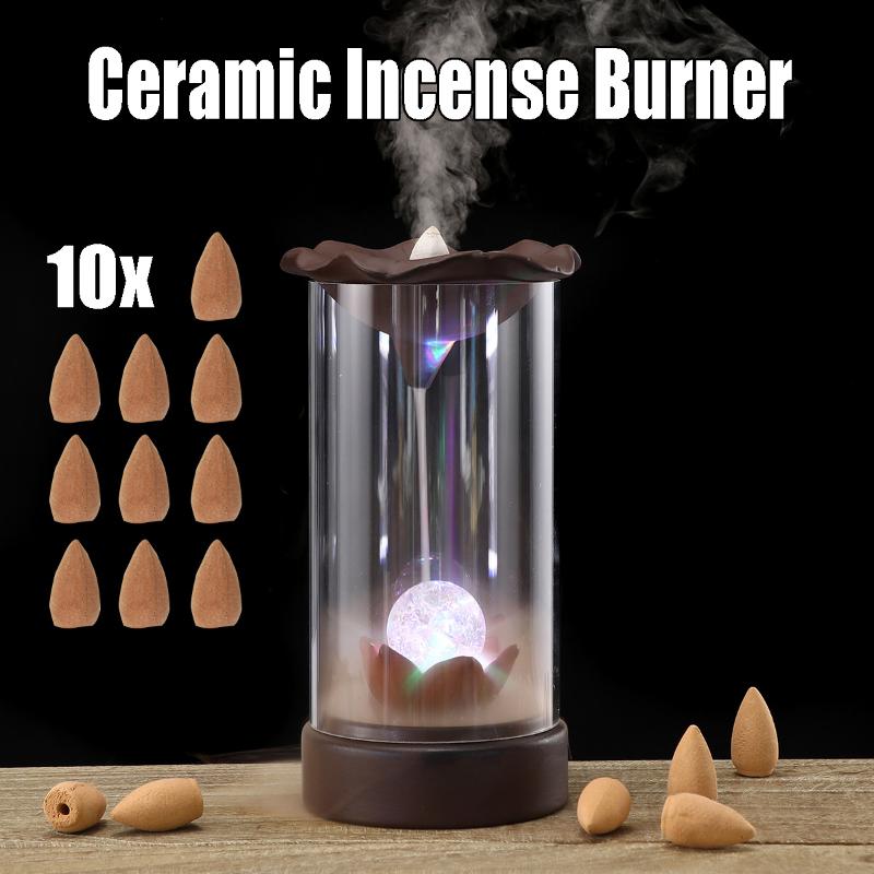 

Windproof LED Ceramic Electronic Backflow Incense Burner Holder Creatives Home Decor Living Room Buddha Ornament with 10 Cones