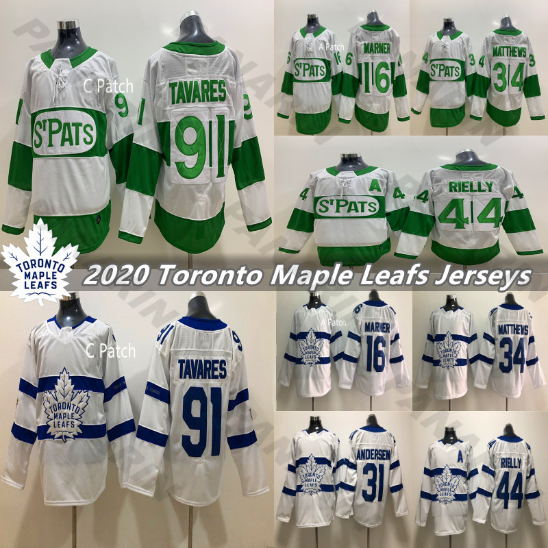 

2020 Toronto St. Pats and White Toronto Maple Leafs Jersey 91 Tavares 34 Matthew 16 Marner 44 morgan rielly 31 Andersen hockey jerseys, White;green