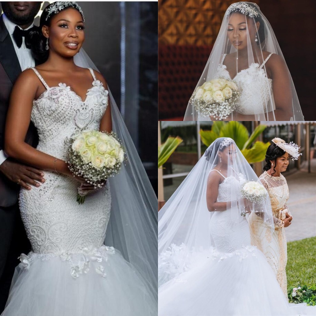 

2020 African Sexy Hot Luxury Mermaid Wedding Dresses Spaghetti Straps Lace Crystal Beading Flowers Court Train Plus Size Formal Bridal Gowns, White