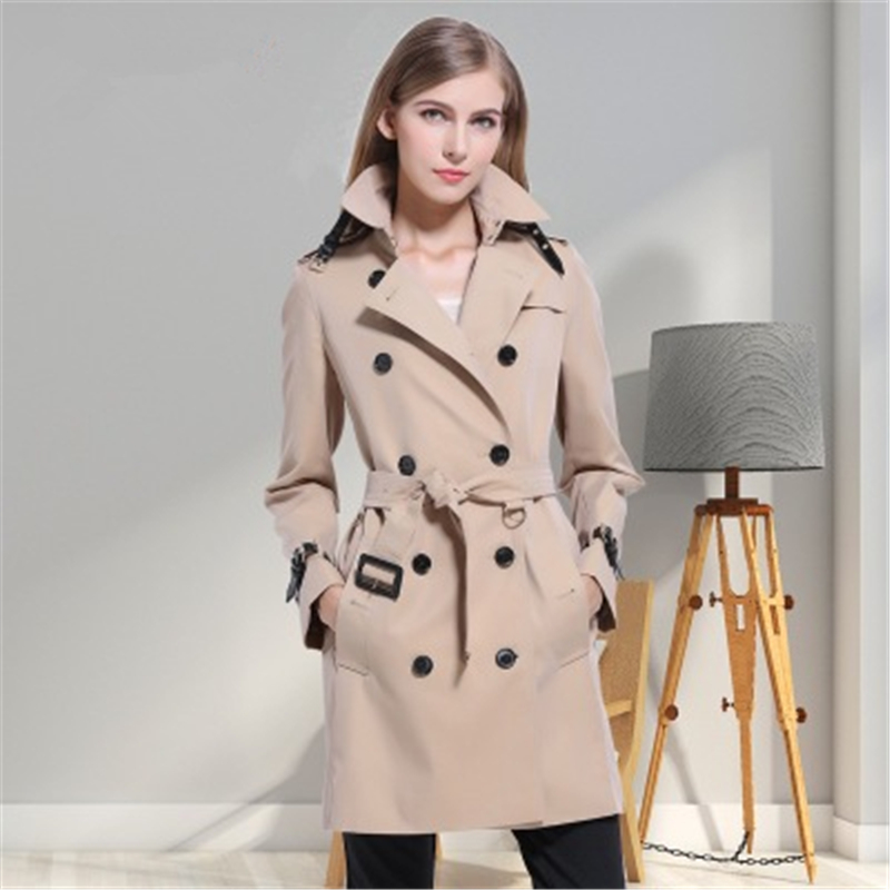 

2020 spring Fashion Double Breasted Mid-long Trench Coat Women Slim Belt Cloak Windproof Waterproof High Quality Women Coat 158, Khaki