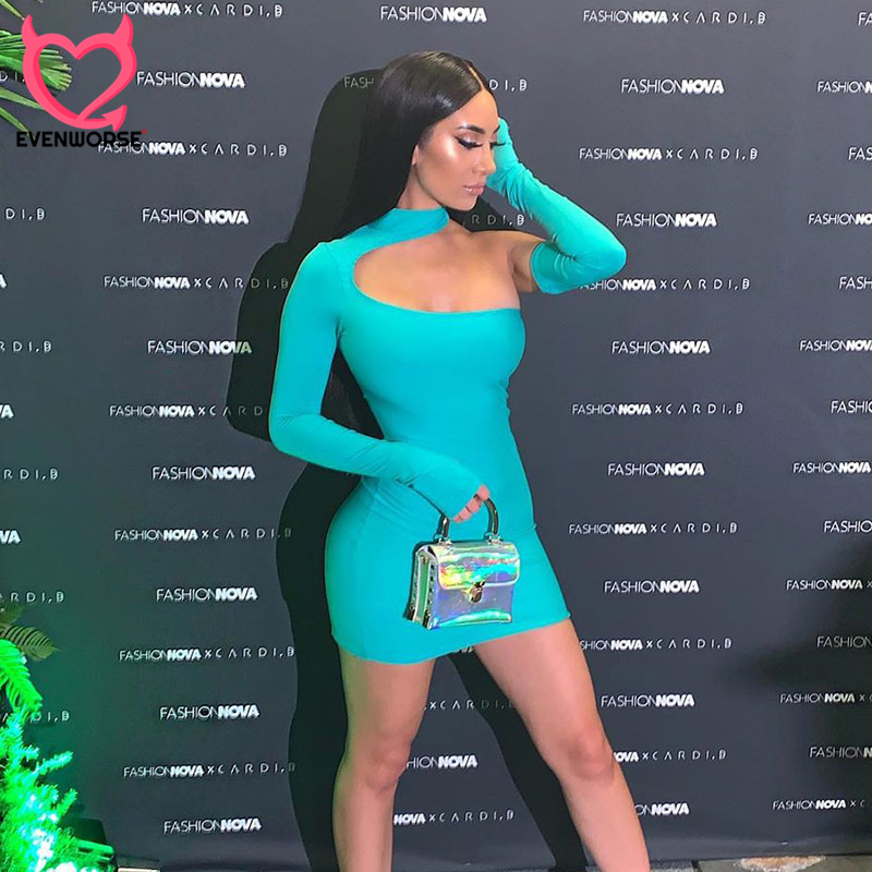 

Evenworse 2020 woman summer one shoulder long sleeves tight sexy mini dress high waist hollow out party outfit, Blue