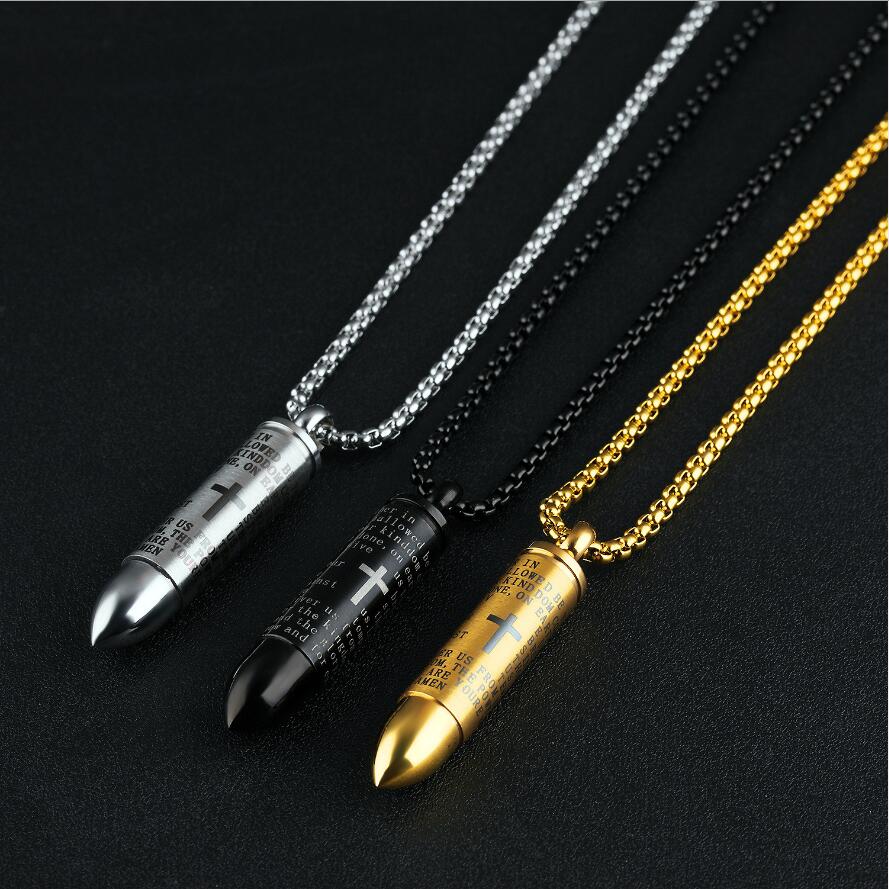 

Stailess Steel Prayer Cross Pendants Gold Openable Bullet Bottle Pendant Necklace for Men Personalized Lettering Wholesale