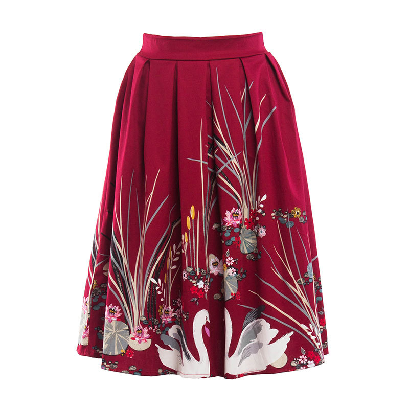 

Women Retro Skirts 50s 60s Vintage Cotton Rockabilly Swing Feminino Skirts High Waist Swan Print Casual Skirts, Black